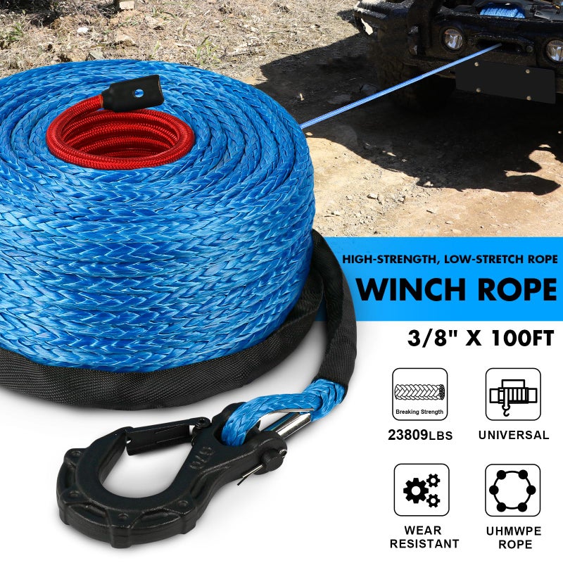 STEGODON Synthetic Winch Rope  3/8"" x100ft 23809LBS Dyneema Winch Rope 3/8 Heavy Duty Winch Cable with Protective Sleeve Forged Winch Hook for 4WD Off Road Vehicle Truck SUV (Blue) - Image 2